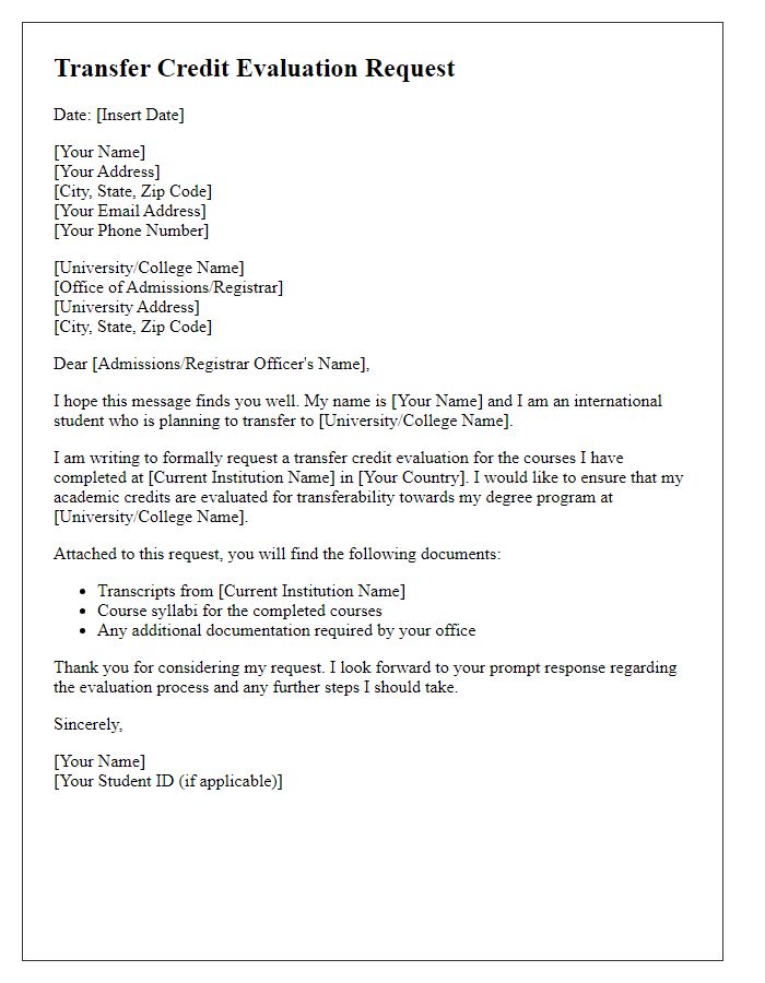 Letter template of Transfer Credit Evaluation Request for International Students