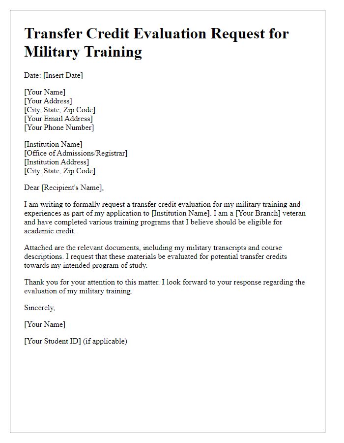 Letter template of Transfer Credit Evaluation Request for Military Training