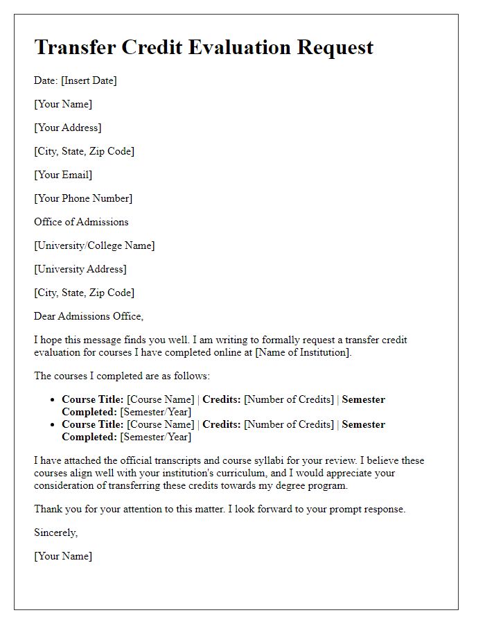 Letter template of Transfer Credit Evaluation Request for Online Courses