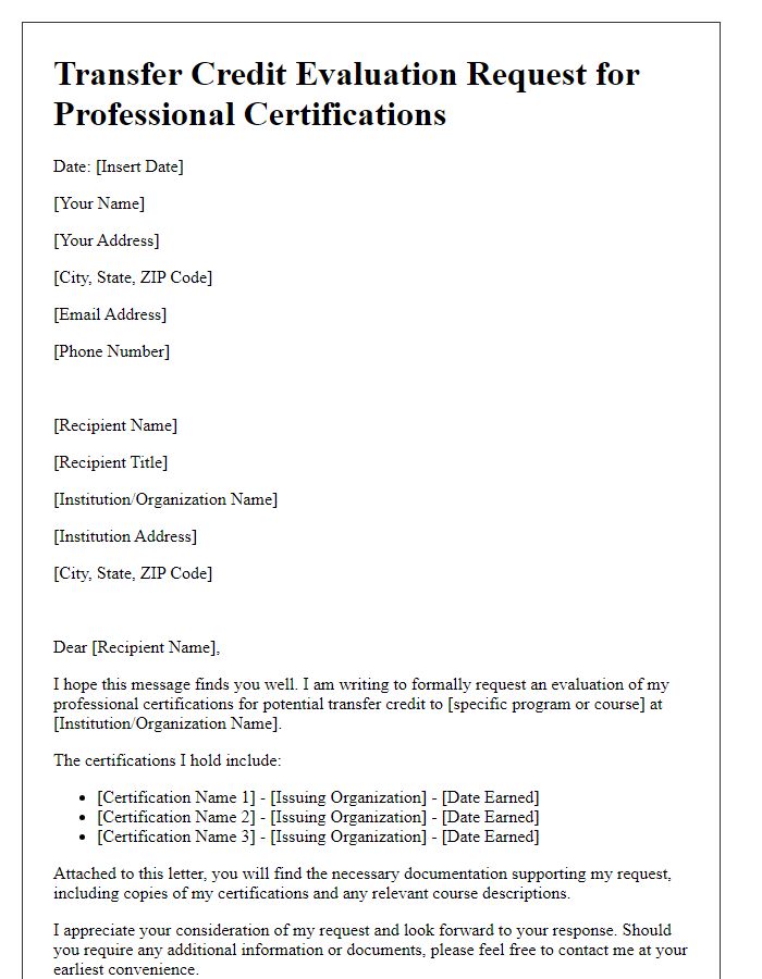 Letter template of Transfer Credit Evaluation Request for Professional Certifications