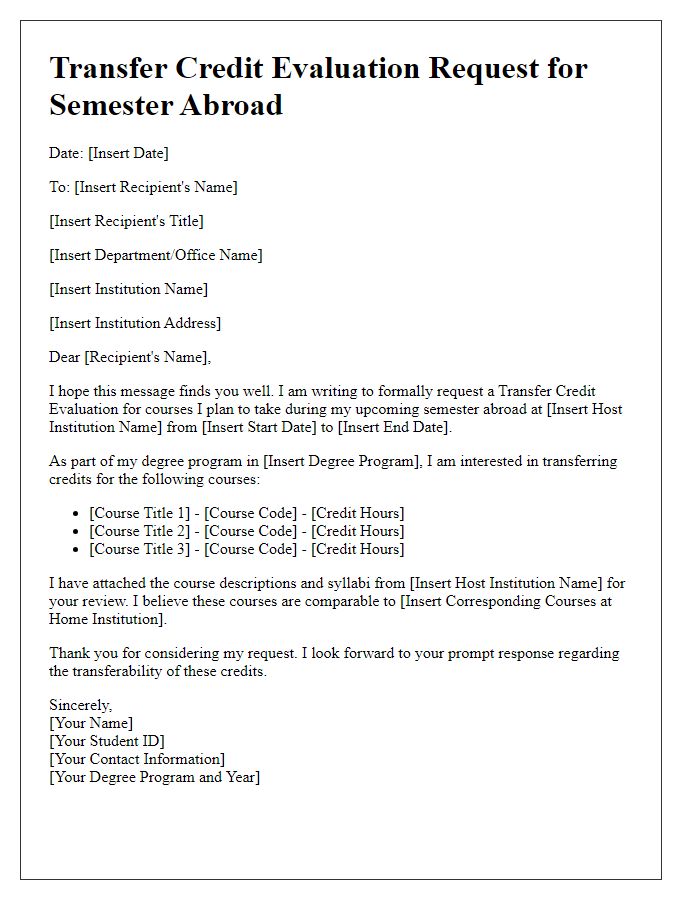 Letter template of Transfer Credit Evaluation Request for Semester Abroad