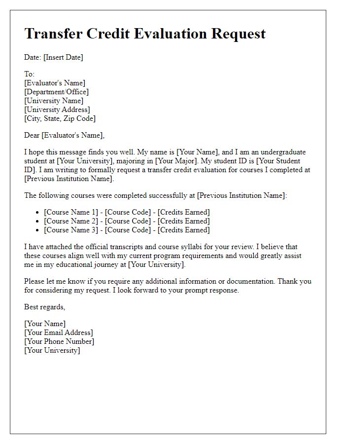 Letter template of Transfer Credit Evaluation Request for Undergraduate Students