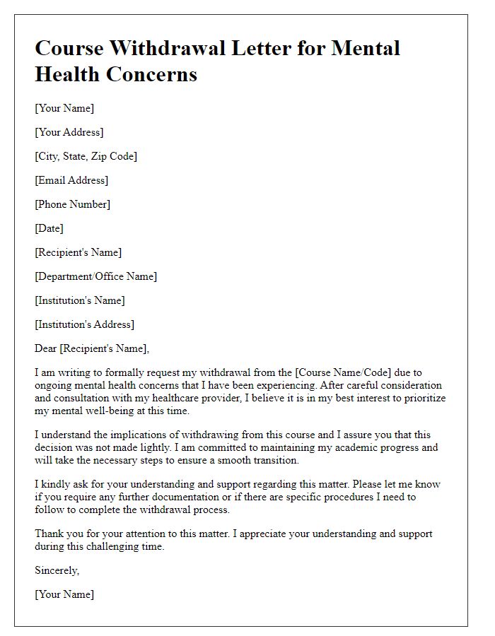 Letter template of course withdrawal letter for mental health concerns