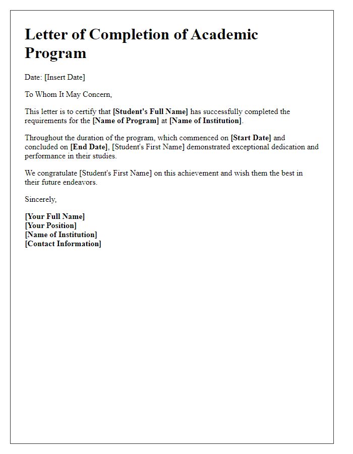 Letter template of completion of academic program