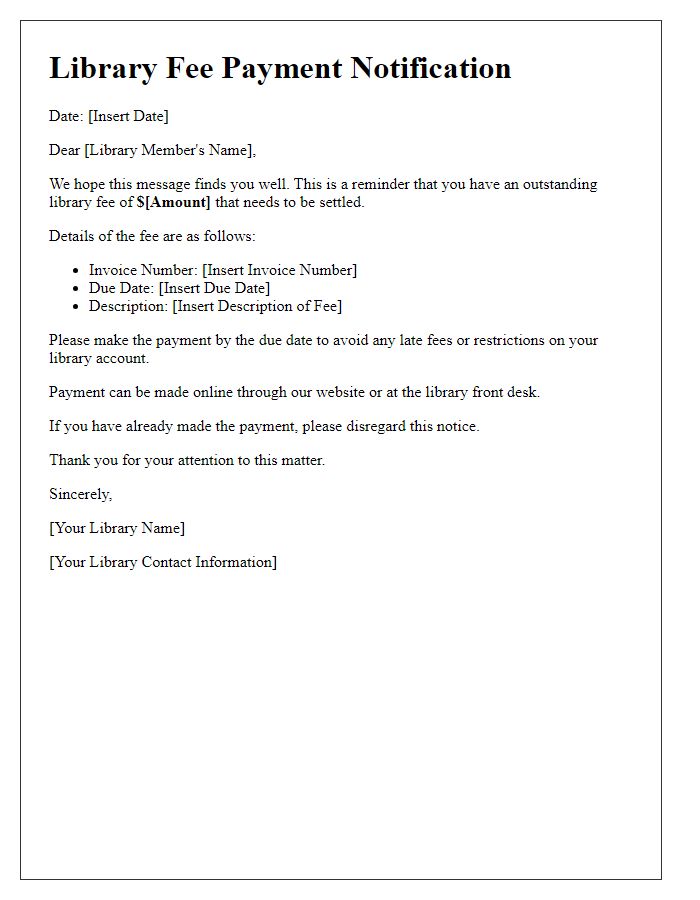 Letter template of library fee payment notification