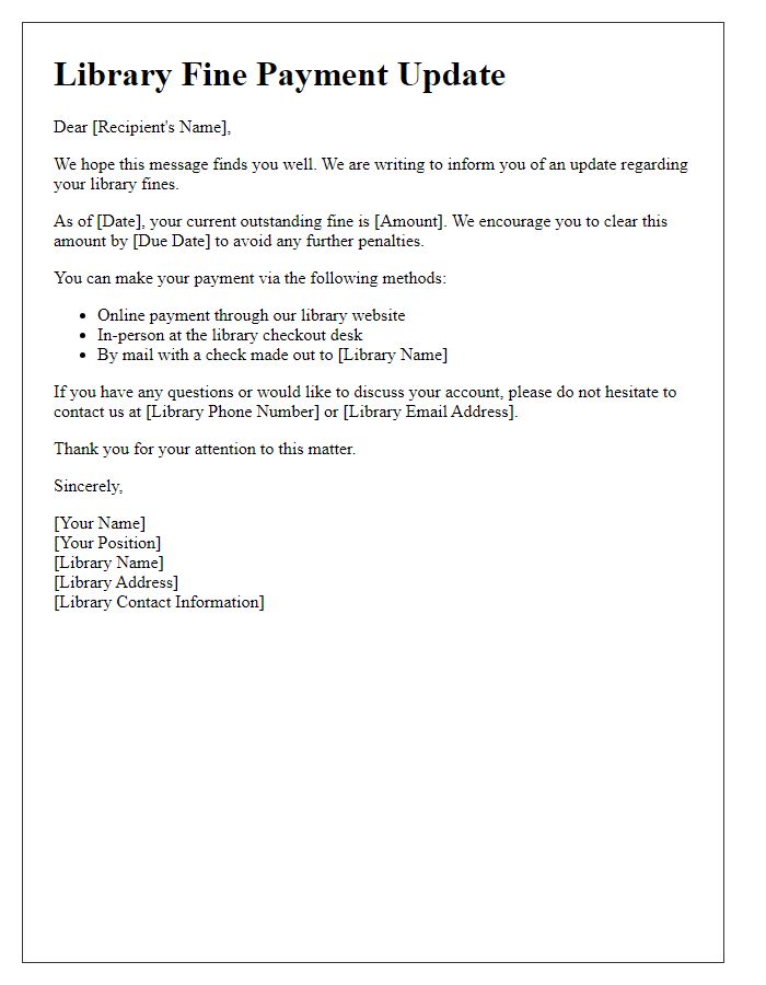 Letter template of library fine payment update