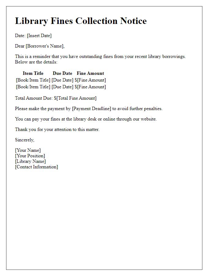 Letter template of library fines collection notice