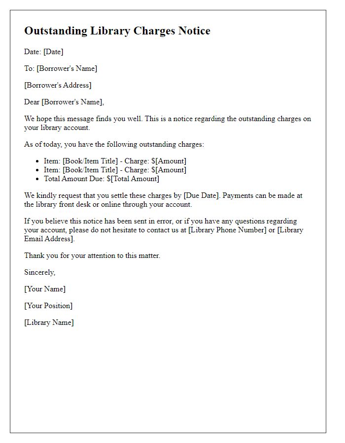 Letter template of outstanding library charges notice