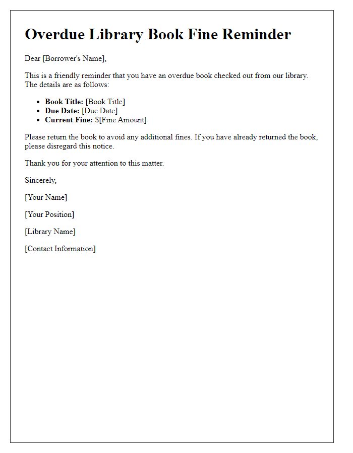 Letter template of overdue library book fine reminder