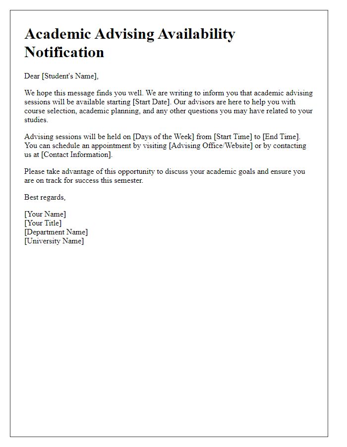 Letter template of notification for academic advising availability