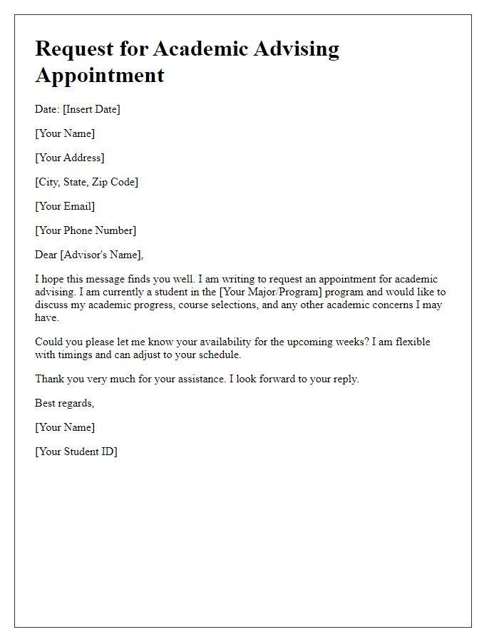 Letter template of seeking an academic advising appointment