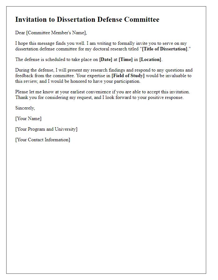 Letter template of dissertation defense committee invitation for academic review.