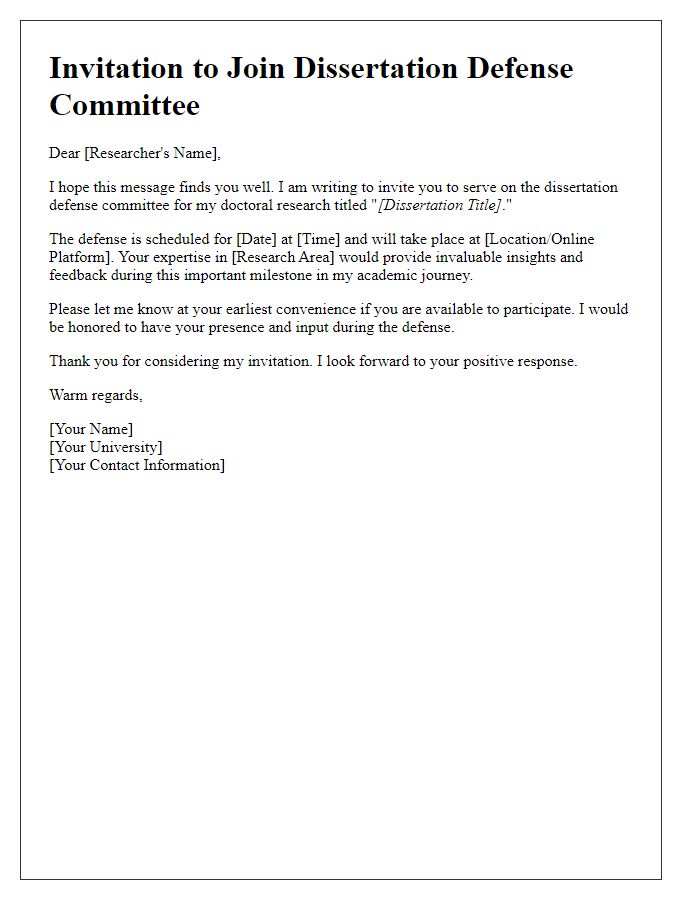 Letter template of dissertation defense committee invitation for collaborative researchers.