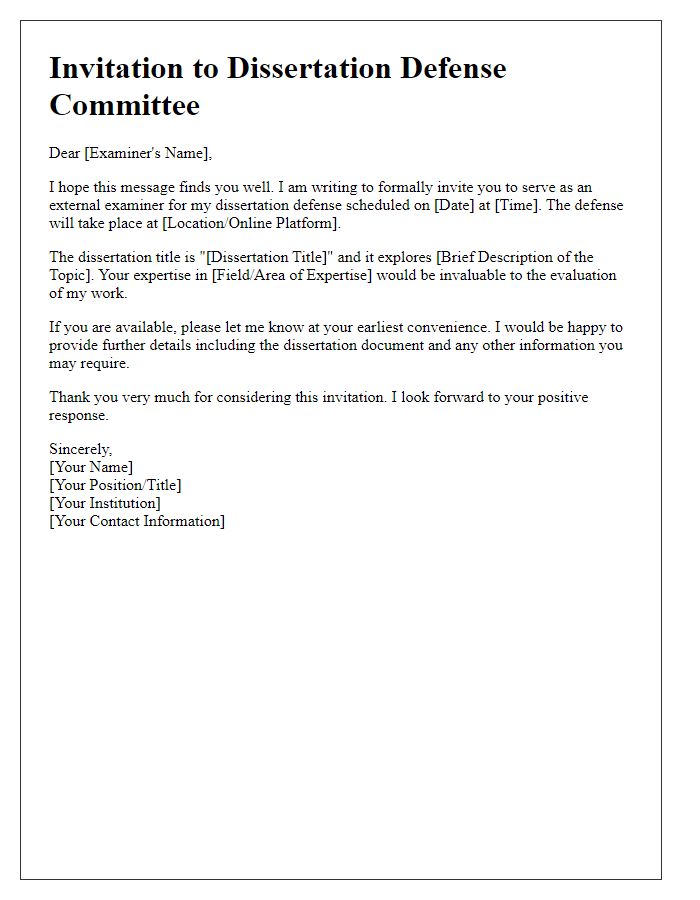 Letter template of dissertation defense committee invitation for external examiners.