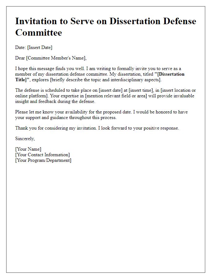 Letter template of dissertation defense committee invitation for interdisciplinary panels.