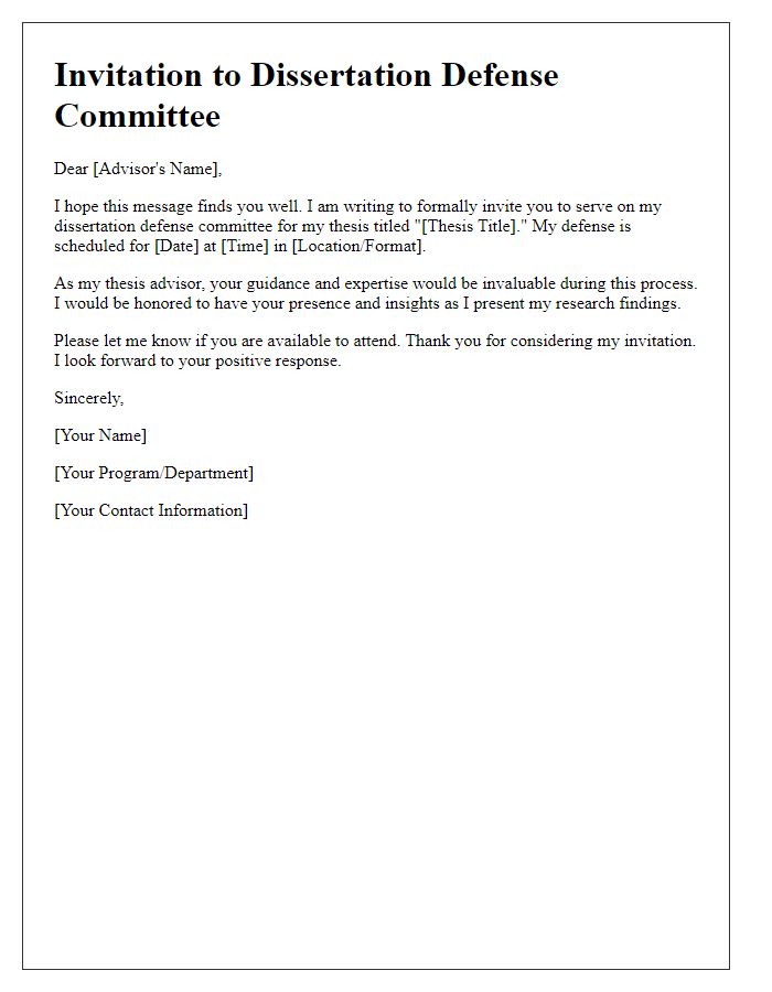 Letter template of dissertation defense committee invitation for thesis advisors.