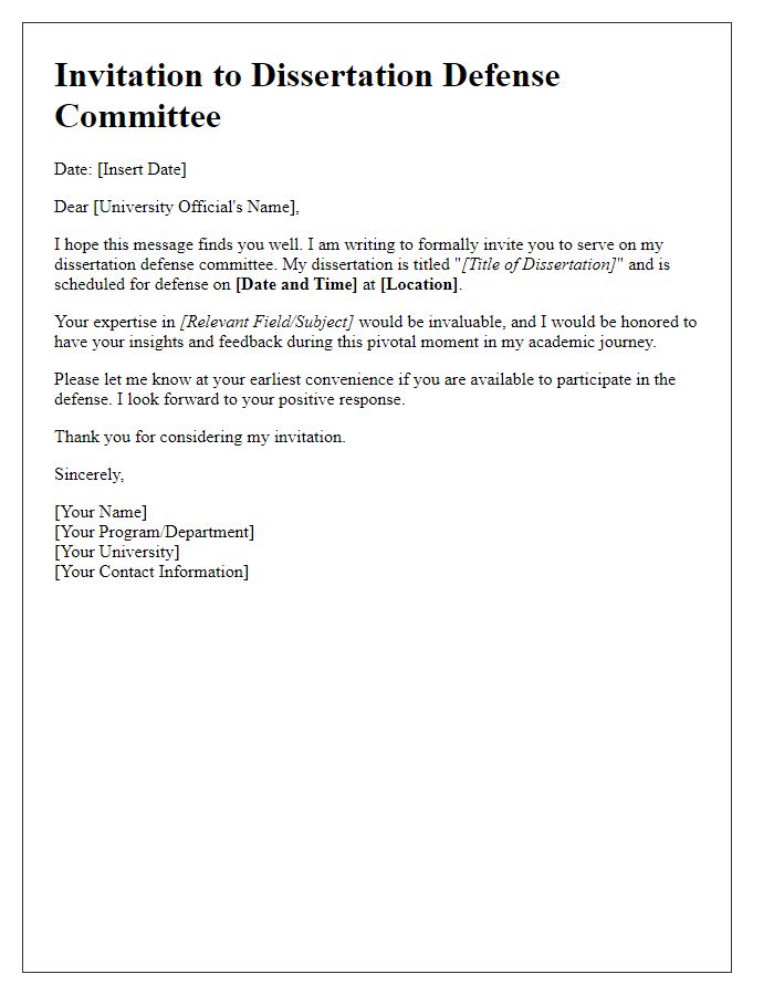 Letter template of dissertation defense committee invitation for university officials.