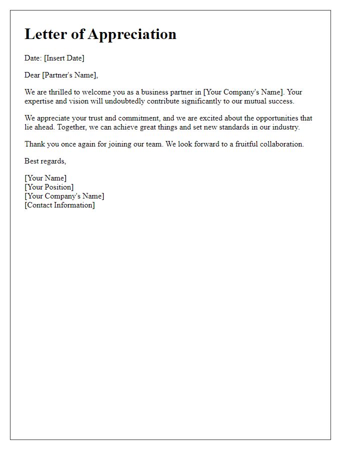 Letter template of appreciation for joining as a business partner