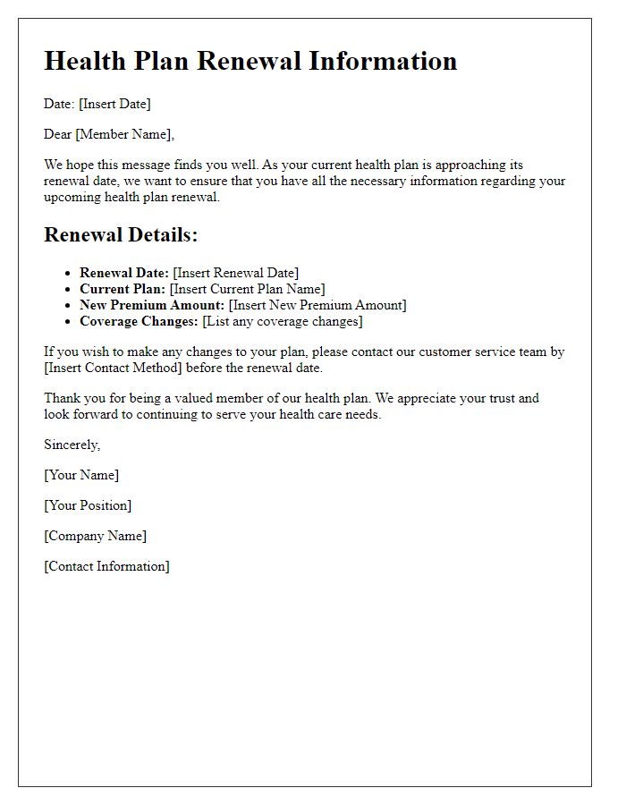 Letter template of health plan renewal information