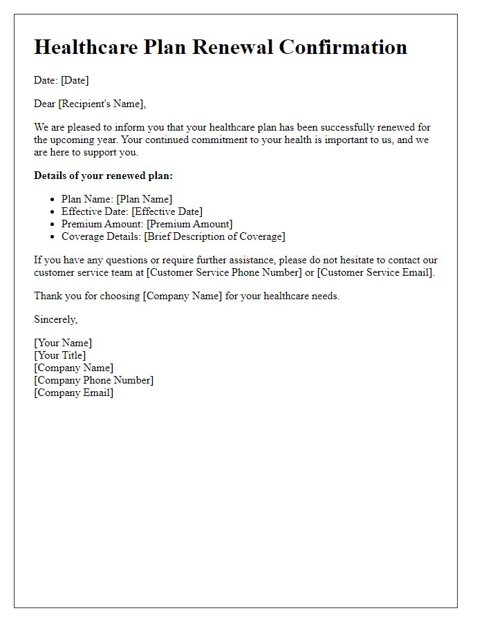 Letter template of healthcare plan renewal confirmation