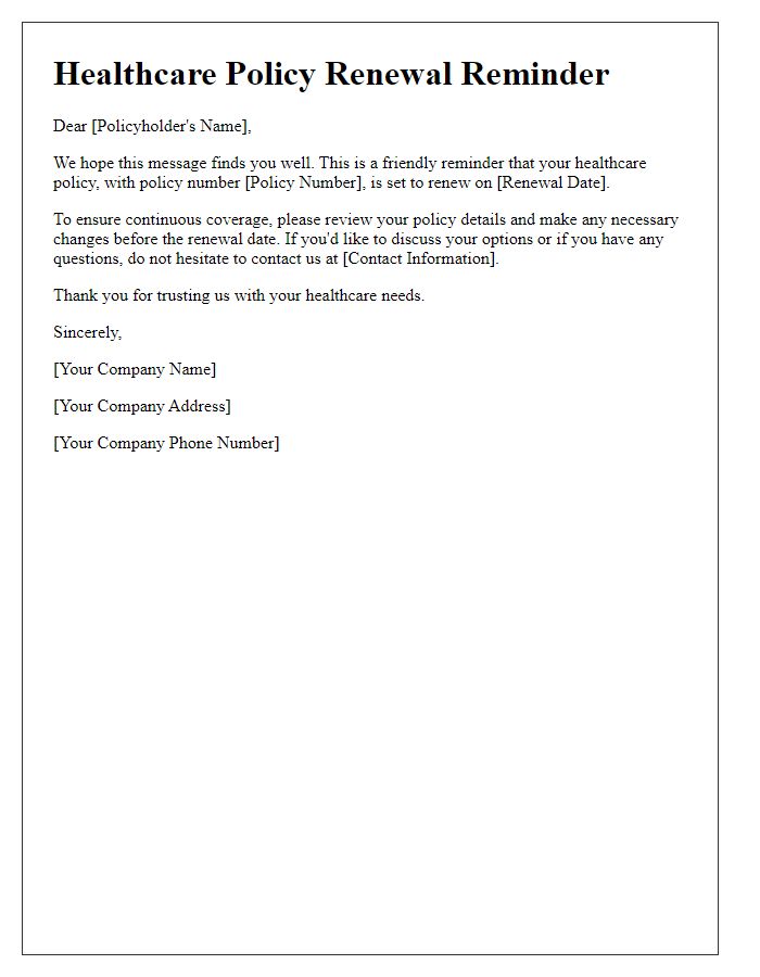 Letter template of healthcare policy renewal reminder