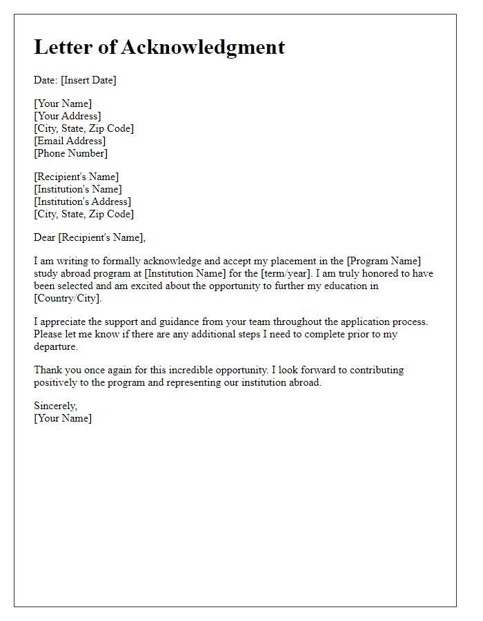 Letter template of acknowledgment for acceptance into study abroad