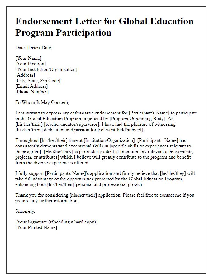 Letter template of endorsement for participation in global education program