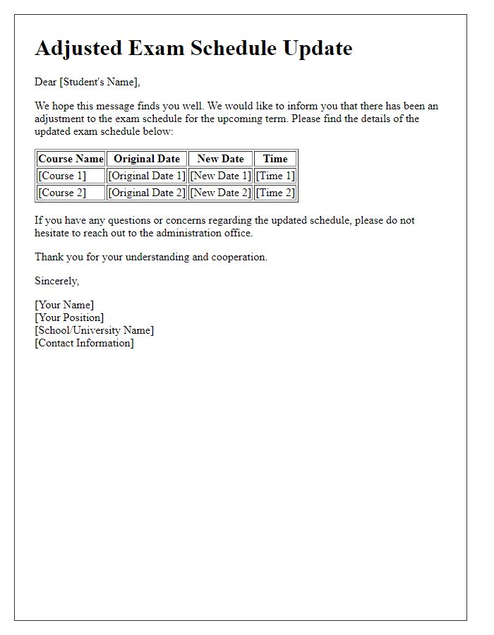 Letter template of Adjusted Exam Schedule Update