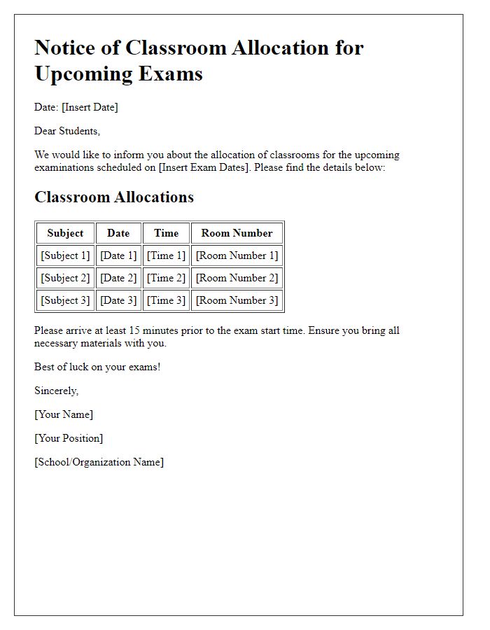 Letter template of Classroom Allocation for Exams