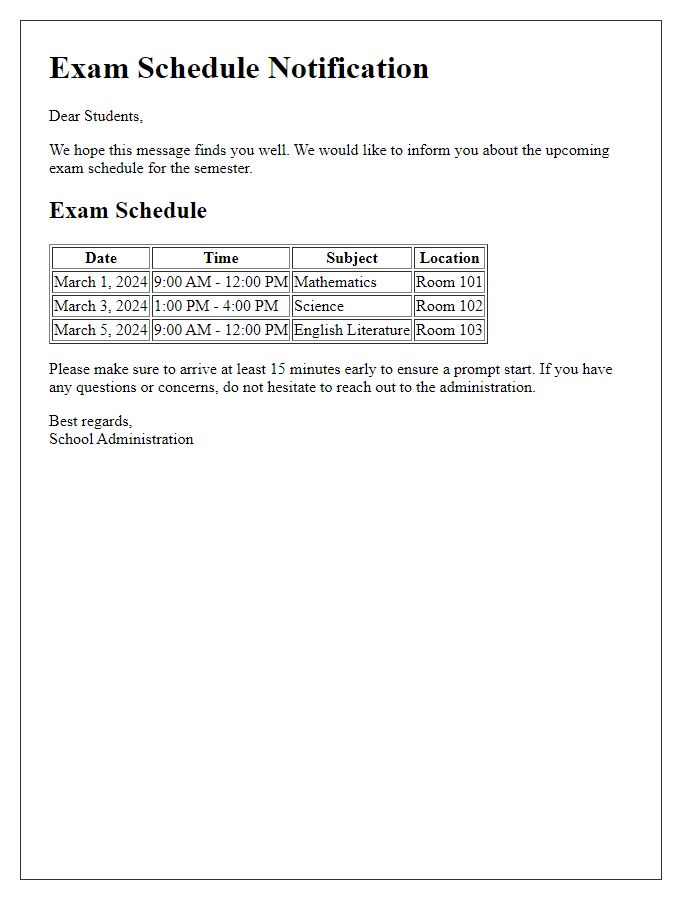 Letter template of Exam Schedule Notification for Students