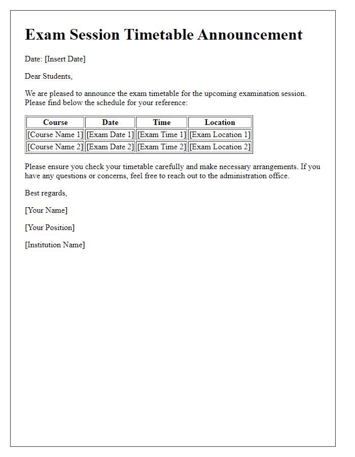 Letter template of Exam Session Timetable Announcement