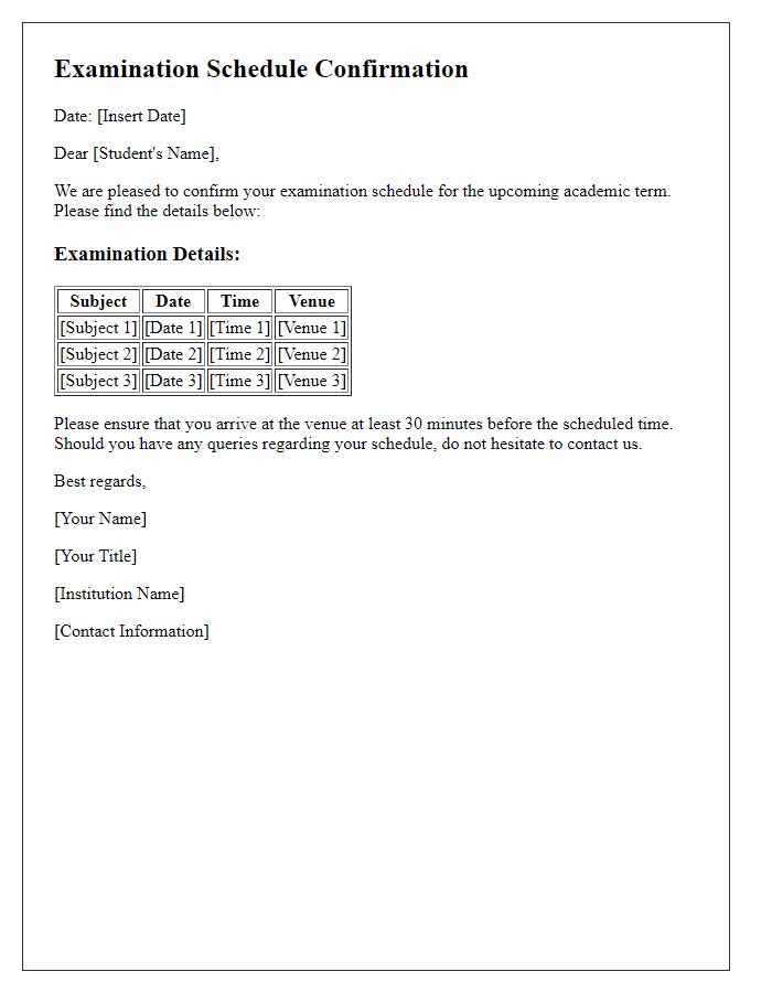 Letter template of Examination Schedule Confirmation