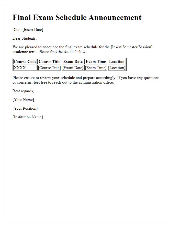 Letter template of Final Exam Schedule Announcement