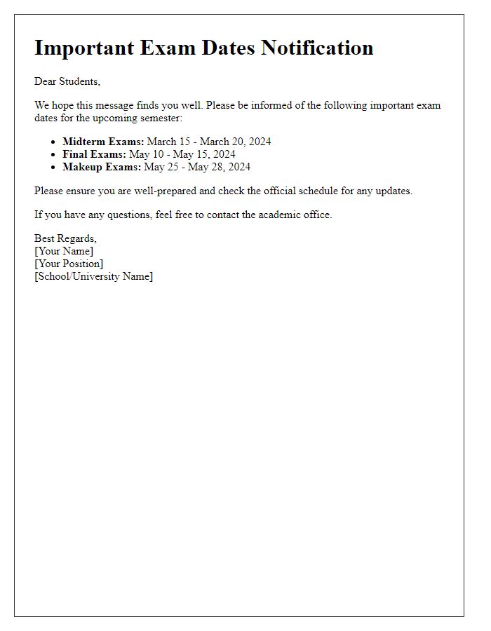 Letter template of Important Exam Dates Notification