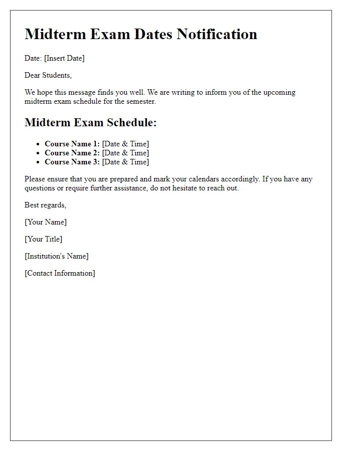 Letter template of Midterm Exam Dates Notification