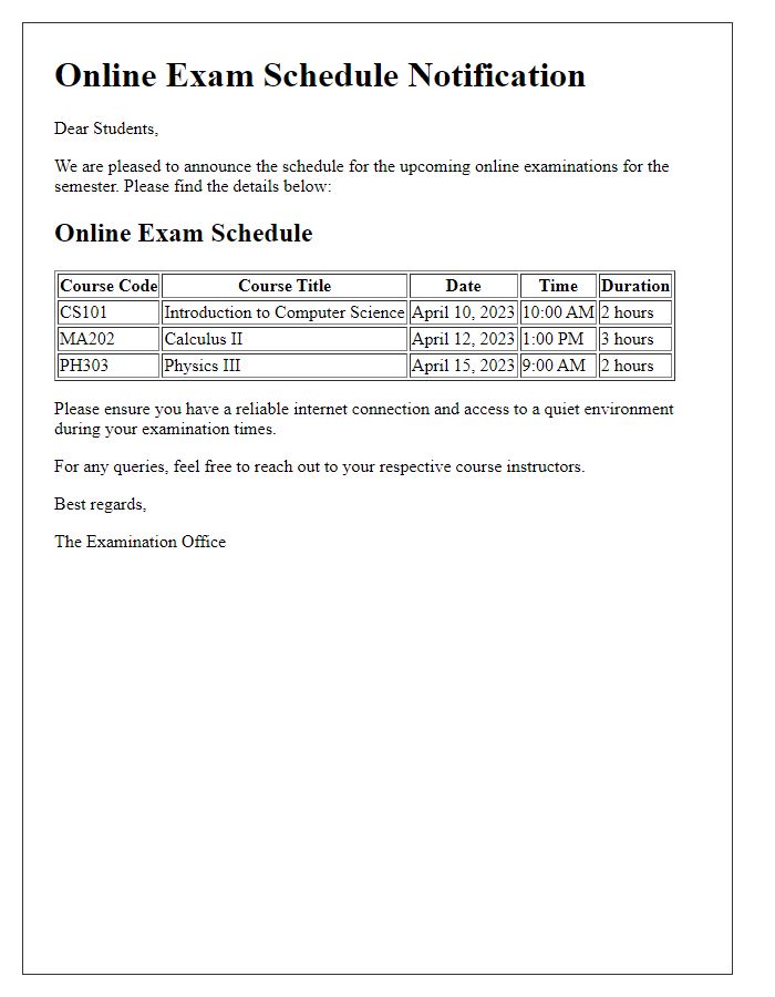 Letter template of Online Exam Schedule Notification