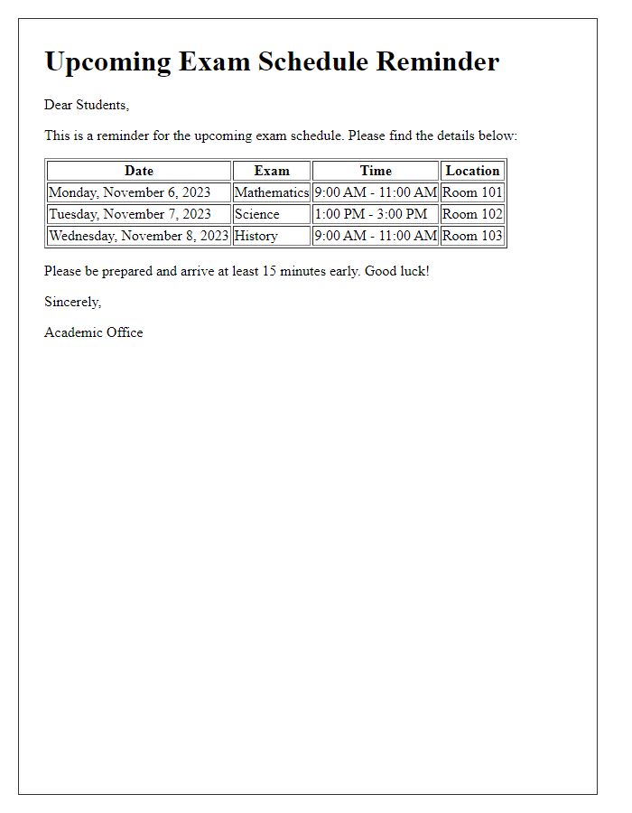 Letter template of Upcoming Exam Schedule Reminder