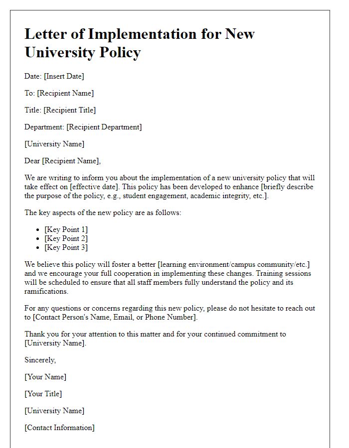 Letter template of new university policy implementation letter