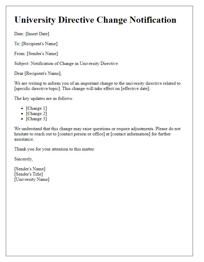 Letter template of university directive change notification