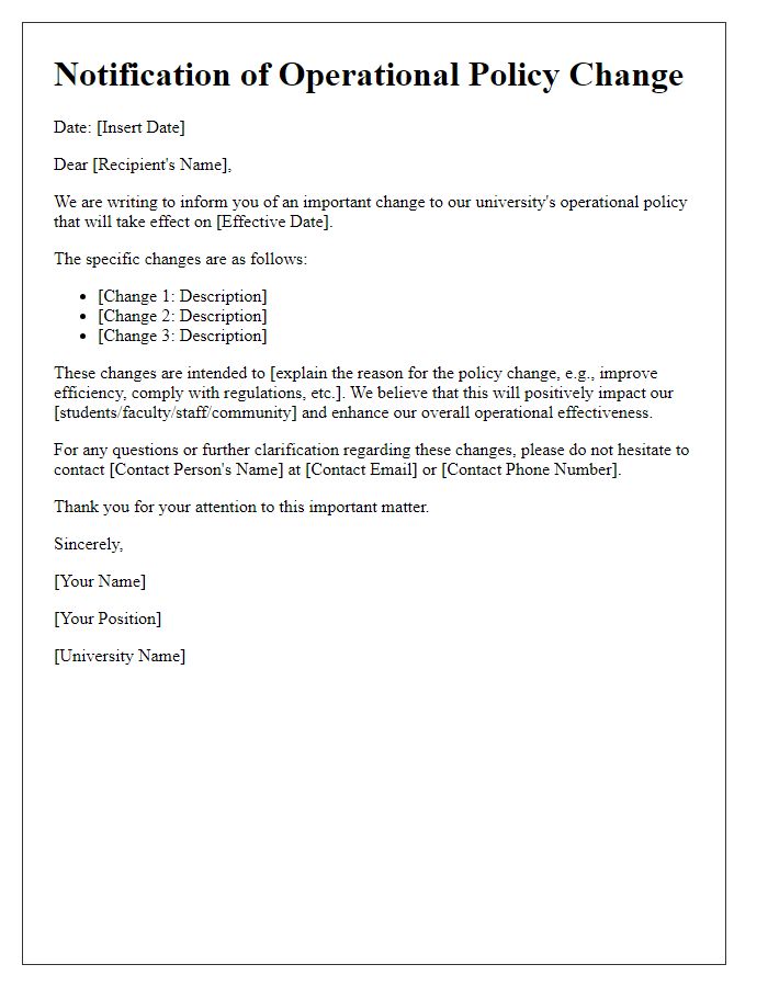 Letter template of university operational policy change