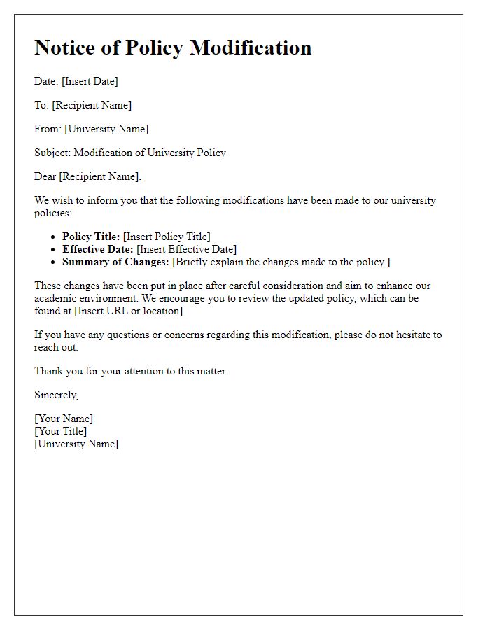 Letter template of university policy modification notice