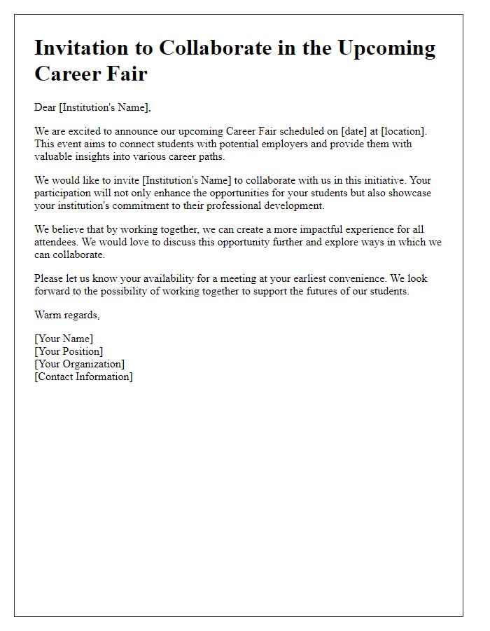 Letter template of invitation for educational institutions to collaborate in a career fair.