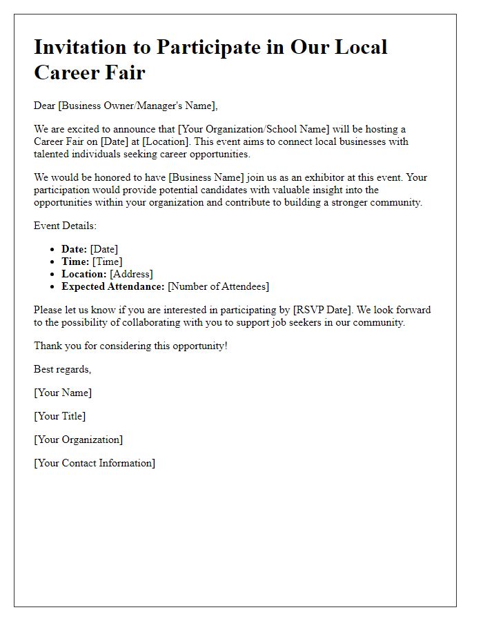 Letter template of invitation for local businesses to join a career fair event.