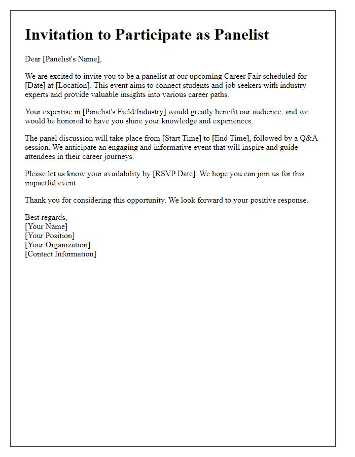 Letter template of invitation to panelists for discussions at a career fair.