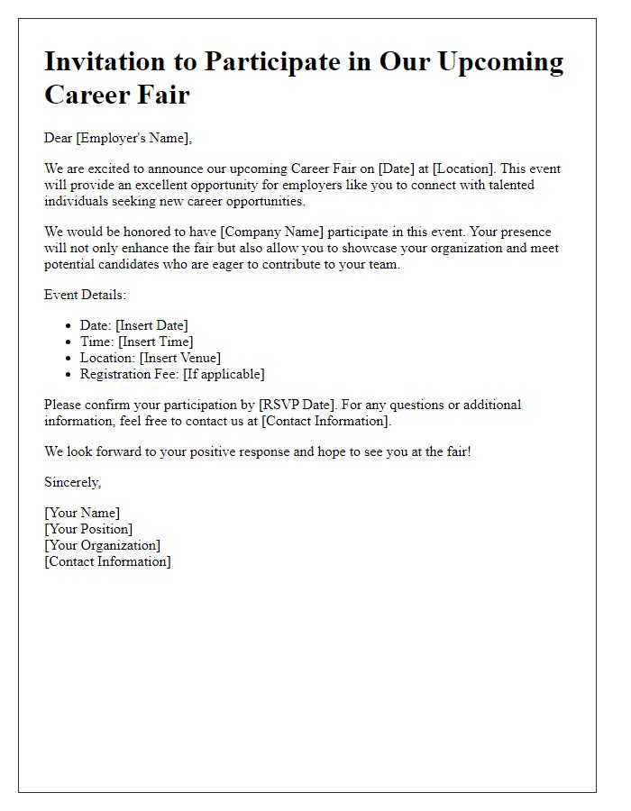 Letter template of invitation to participate in a career fair for employers.