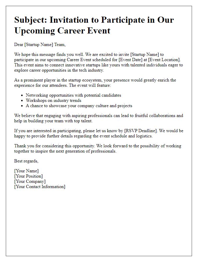 Letter template of outreach for startups to engage in a career event.