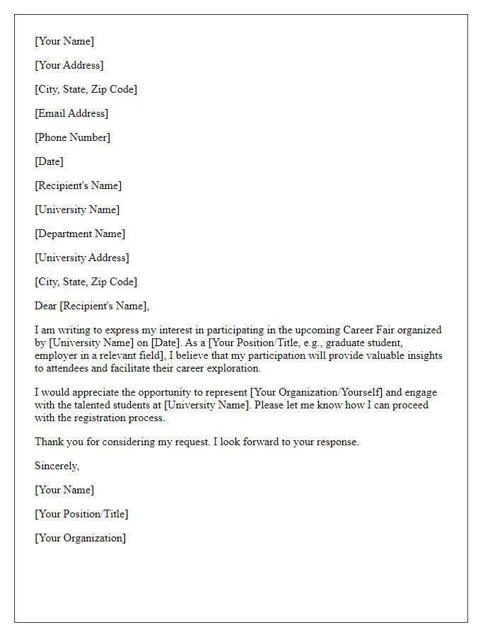 Letter template of request for participation in a university career fair.