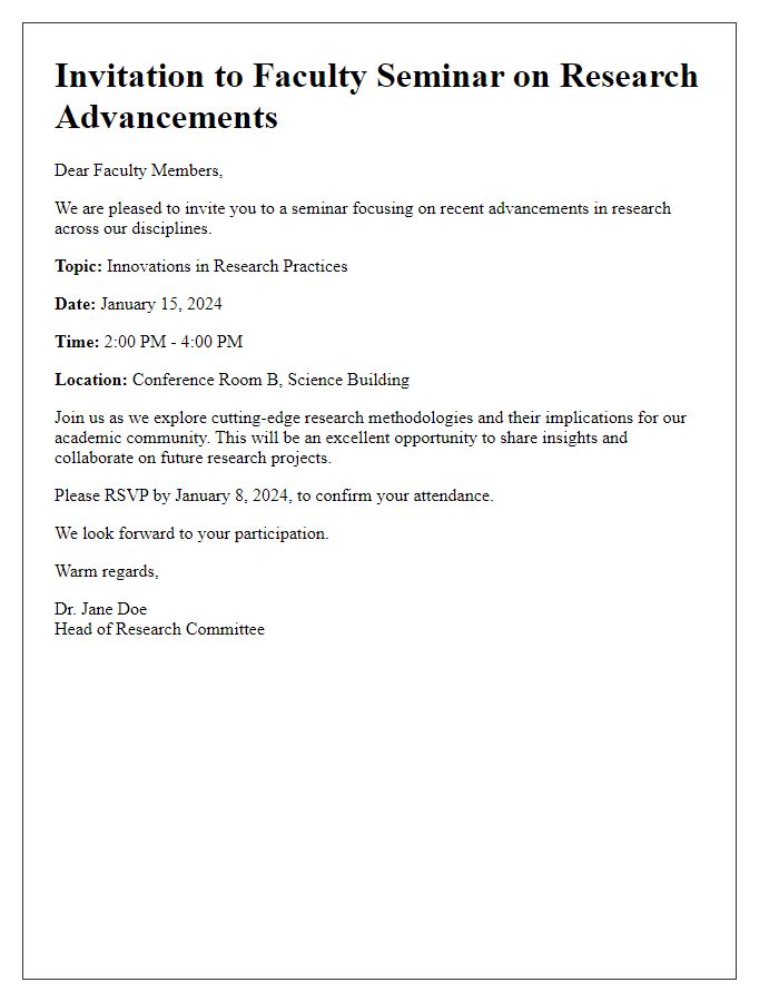 Letter template of faculty seminar invitation focusing on research advancements