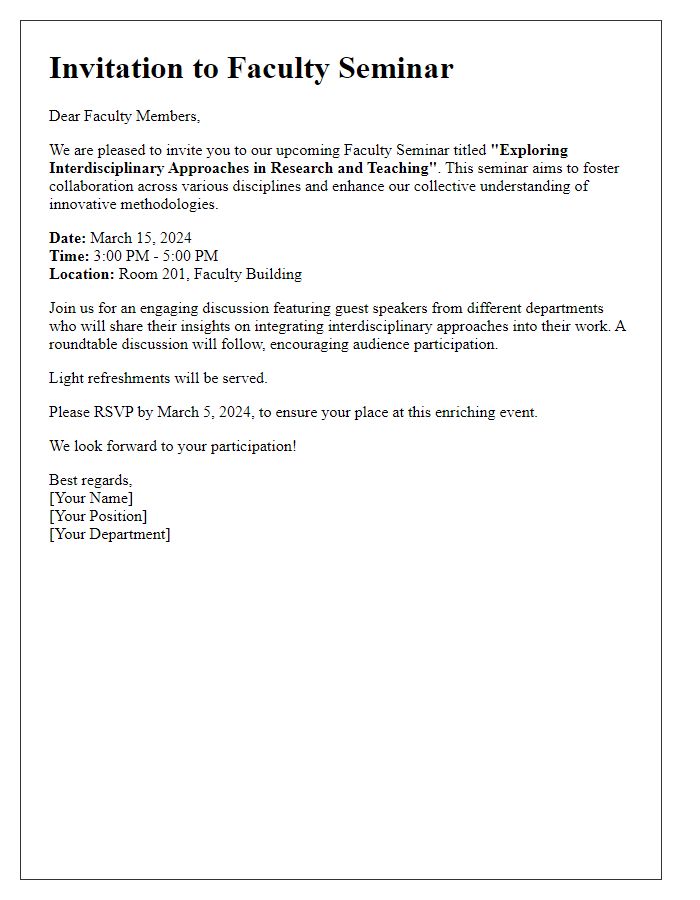 Letter template of faculty seminar invitation highlighting interdisciplinary approaches