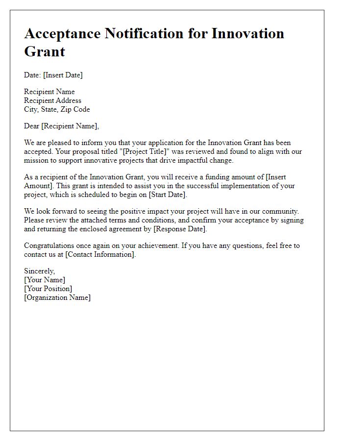 Letter template of Acceptance Notification for Innovation Grant